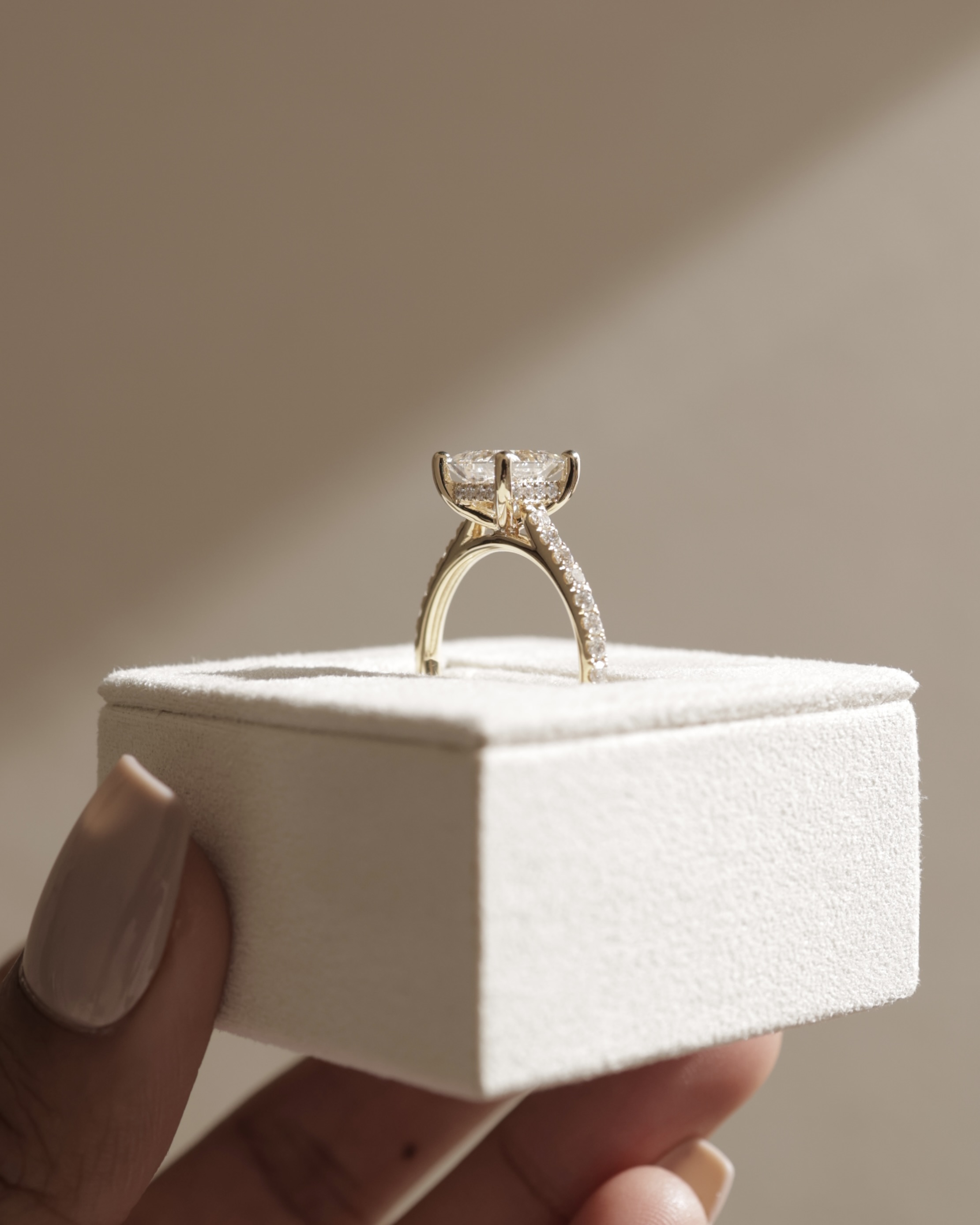 Zendaya - 4 Claw Princess Solitaire with Hidden Halo and pave band Lifestyle Image