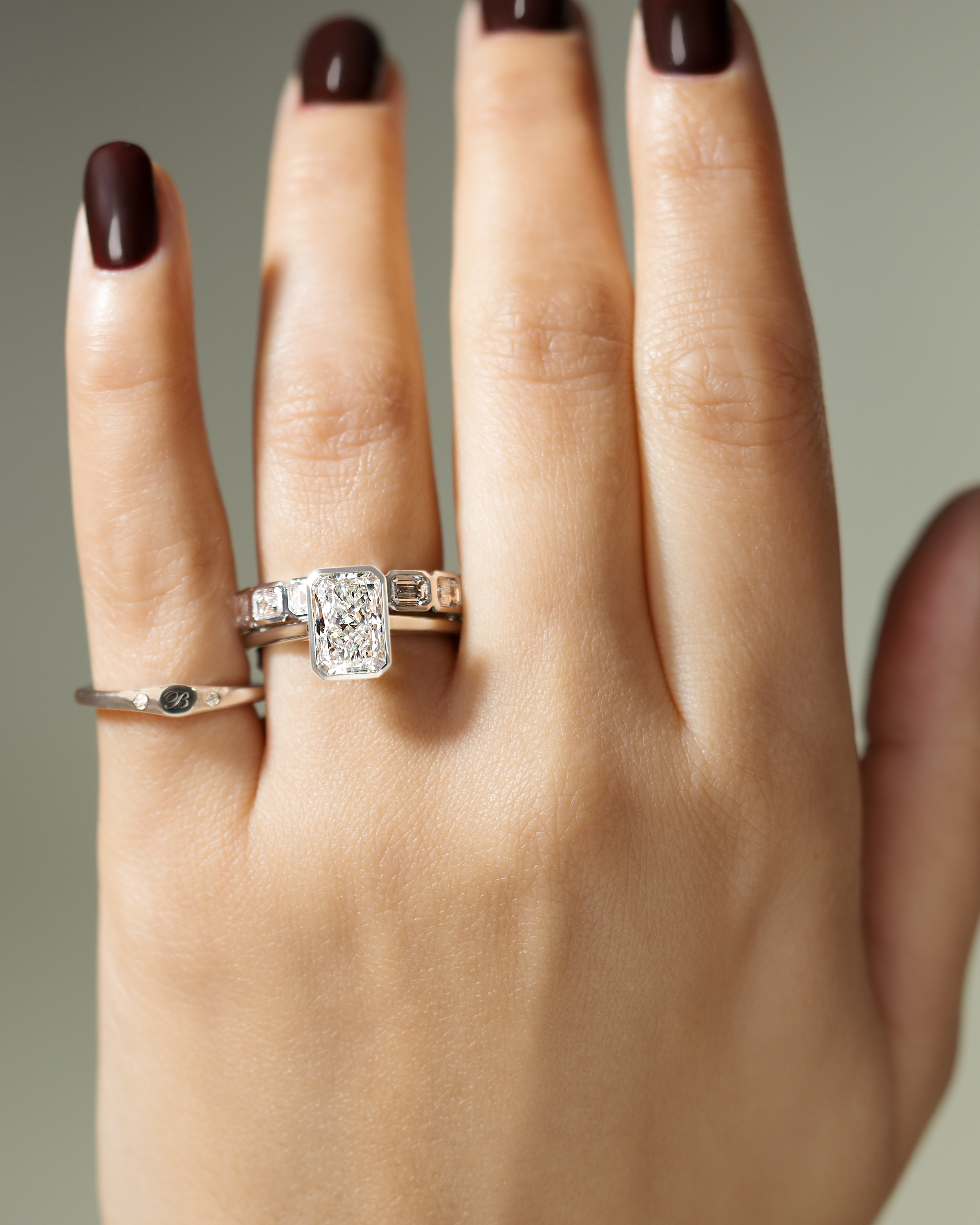 Zoe - Bezel Radiant Cathedral Solitaire Lifestyle Image